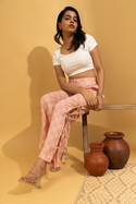 Peach Checkered Tie Up Slit Pants