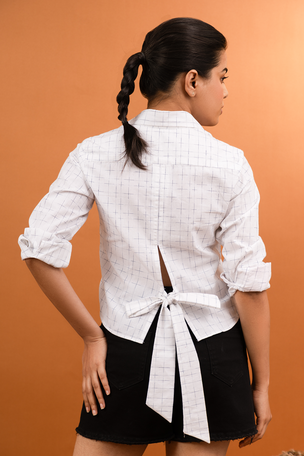 White Grid Back Tie Shirt